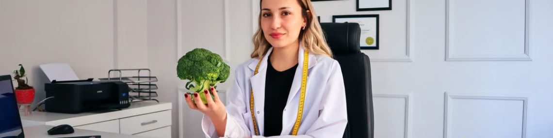 Female nutritionist in office holding broccoli, surrounded by fruits, promoting healthy lifestyle.